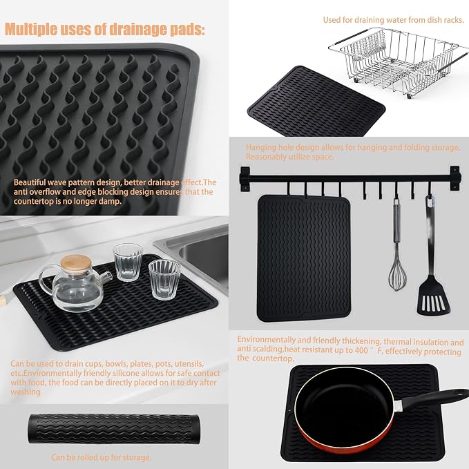 NiuYichee Stainless Steel Dish Drying Rack(15" L X 12.6" W X 4.7" H), Expandable Fruit & Vegetable Drain Rack Over Sink, Dish Drainer Rack in Sink, with Utensil Holder & Silicone Mat(16")