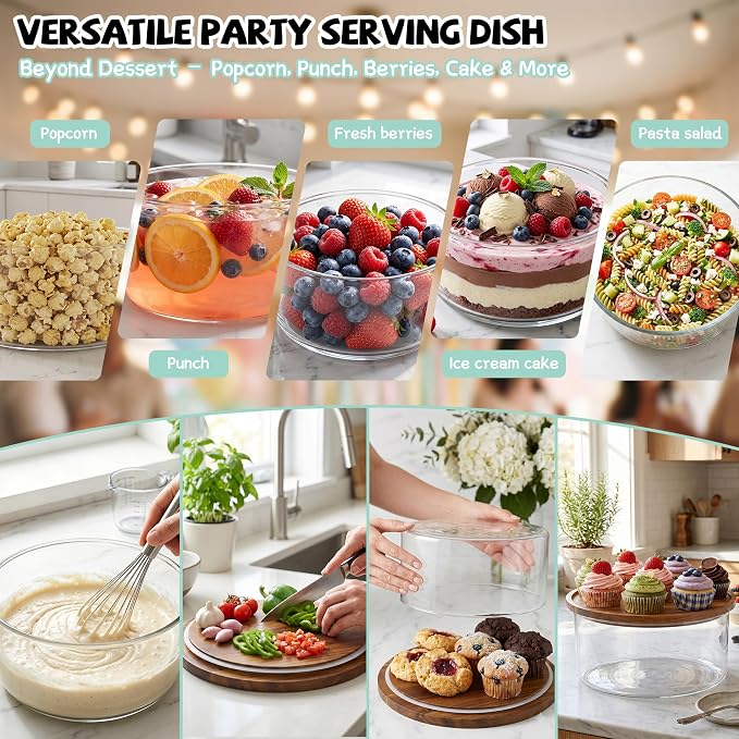 Jolitac 197oz Glass Trifle Bowl with Lid, Clear, 10 inch | Extra Large, Acacia Wood Airtight Lid, Thickened & BPA-Free, Modern Design, For Dessert Fruit Party Display