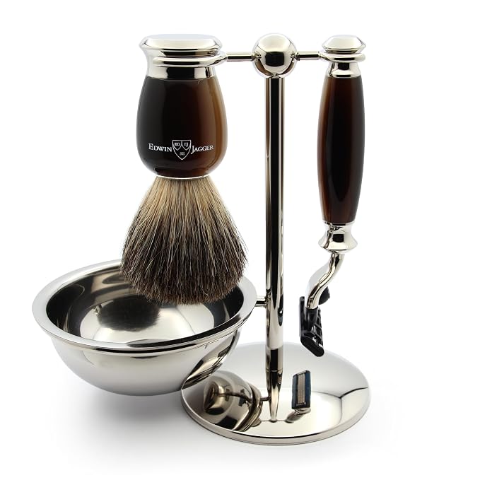 Edwin Jagger S81M582BAMZ Imitation Light Horn & Nickel Classic Shaving Set with Bowl with a Pure Badger Shaving Brush and Mach 3 Razor for Shaving Cream or Soap for Men