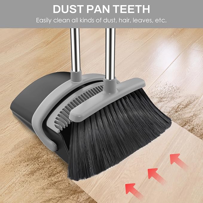 Broom and Dustpan Set for Home, 51-in Long Adjustable Handle Angle Broom and Dustpan Combo Set with Dust Pan Teeth to Clean Hair for Home Kitchen Office Lobby Floor Garden (Black&Grey)