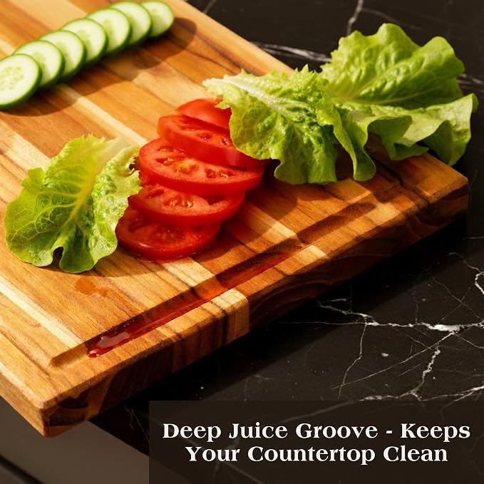 Teak Wood Cutting Board Set of 3 w/Stand, Deep Juice Groove, Solid Hardwood Non-Toxic & Knife Friendly Boards, Small Medium Large Sizes for Kitchen Meat, Veggies & Cheese by New M Way