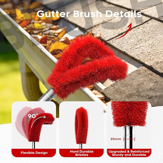 13ft Gutter Cleaning Tools From the Ground, No Ladder Needed, 3-in-1 Gutter Cleaner Pole with Replaceable Brush Rake Scoop, 180° Adjustable Angle for Leaves & Debris Cleaning with Grip Tapes, Red