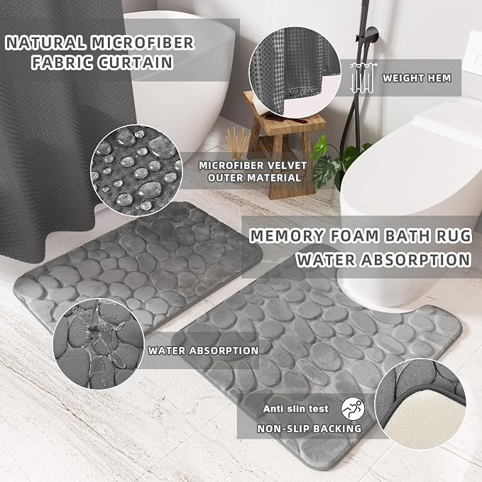 XLHOMO 26PC Bathroom Accessories Set - Gorgeous Grey Bathroom Set, Bathroom Accessory Set, Shower Curtain Set with Bathtub Mats for Shower Tub, Trash Can & Soap Dispenser