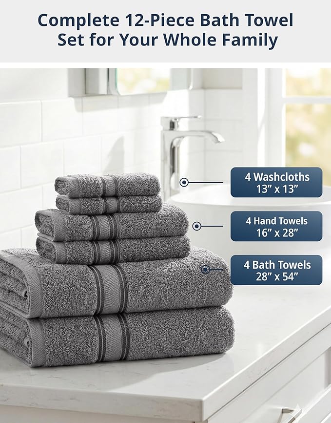 LANE LINEN Bath Towel Set of 12 – Premium 100% Cotton Towels for Bathroom, 4 Bath, 4 Hand & 4 Washcloth, Zero Twist, Hotel Collection Towels, Gentle on Body, Absorbent & Ideal for Everyday Use – Grey