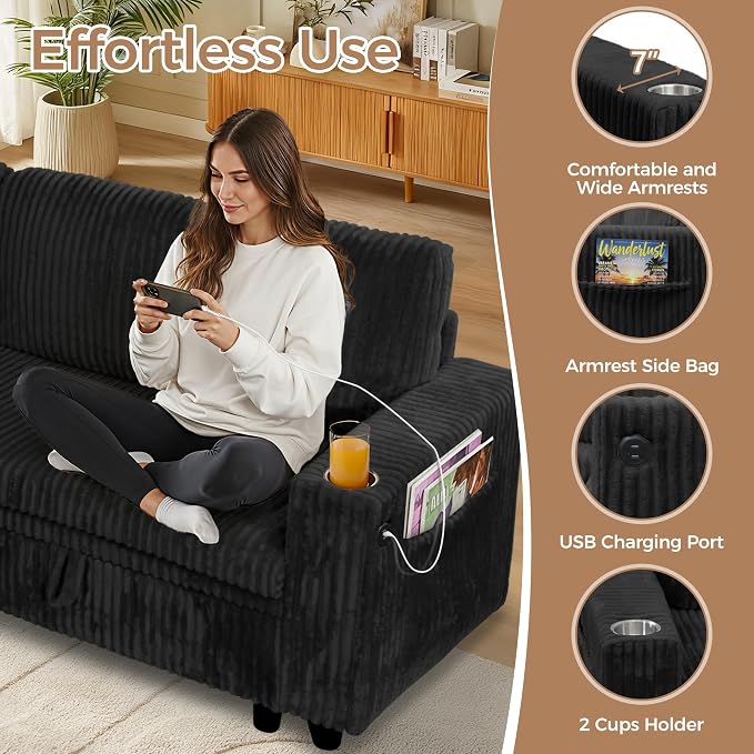 L-Shaped Sectional Sleeper Sofa with Pull Out Bed, Black | Plush Corduroy Modular Couch with Storage, USB Charging, Cup Holders – Cozy Cloud Couches for Living Room, Easy Assembly