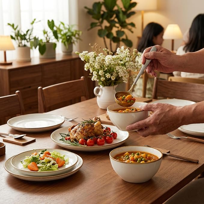 ONEMORE Plates and Bowls Set, Dinnerware Sets for 4, Porcelain Kitchen Dishes Set 12pcs, Scratch Resistant, Modern Aesthetic Dishware Sets- Microwave & Dishwasher Oven Safe,Farmhouse Style Cream White