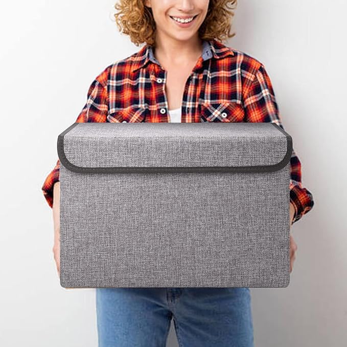 Bagnizer Large 42 Quarts Fabric Storage Bins with Lids [2-Pack] Linen Collapsible Foldable Storage Cubes, Closet Organizer Containers boxes with Handles for Home Office (16.7 x 12 x 12, Gray)