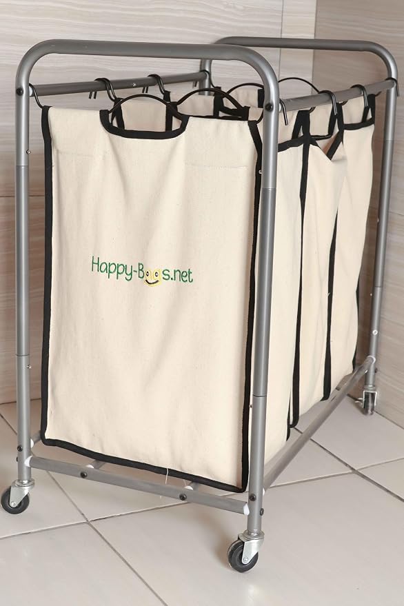 Happy-Bags Eco-Friendly 100% Cotton Denim and Webbing Laundry Cart Replacement Bag, Natural Denim color with Black Trim, Heavy-Duty Commercial Grade, but for your home, Veteran-Made