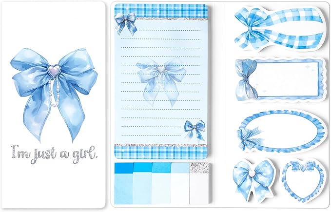 Xqumoi Coquette Blue Bow Sticky Notes Set - I’m Just A Girl Self-Stick Note Pads Bowknot Notepads Writing Memo Pad Page Marker Bookmarker Preppy Girly Stuff Back to School Office Supplies Gift