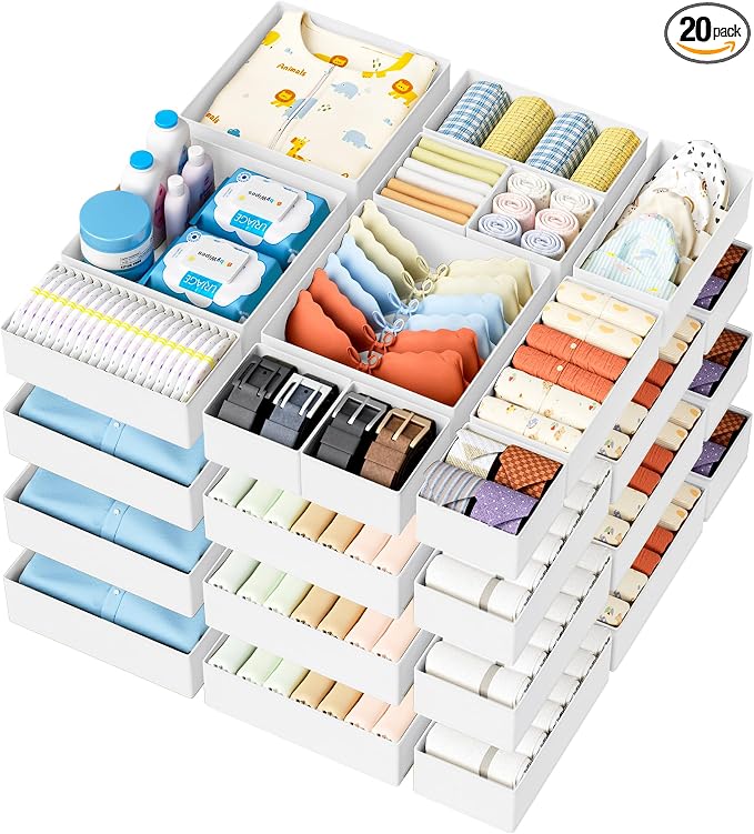 DIMJ Drawer Organizer Clothes 20 Pack - Foldable Baby Organizers and Storage & Dresser Organizer for Bedroom, Closet - Nursery Organization Dresser Dividers for underwear, Sock,Bra, Belt, Tie, White
