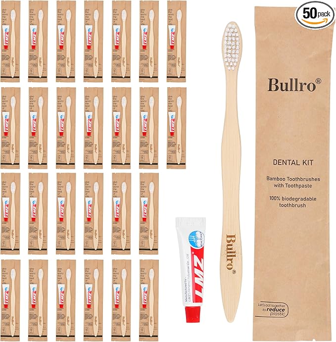 Disposable Bamboo Toothbrush Kit (50 Pack) with 6g Toothpaste - 100% Natural Biodegradable - Individually Wrapped Disposable Amenities for Hotel, Airbnb, Travel, Camping, Homeless & Guest Use