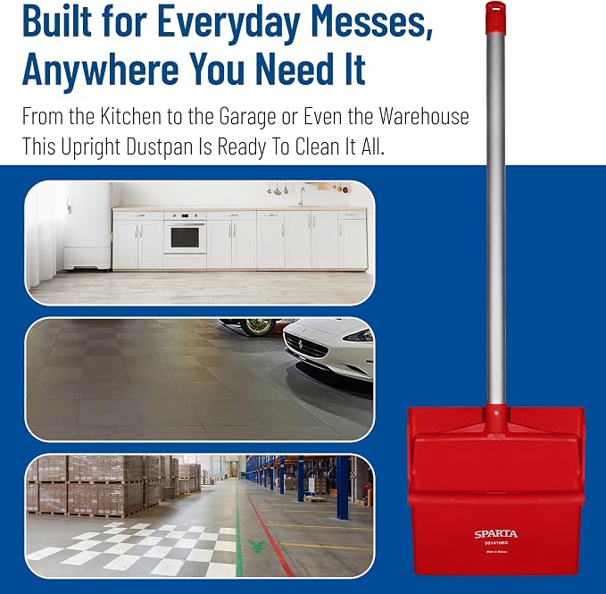 SPARTA Color Coded Upright Dustpan with 30 Inch Aluminum Handle, Serrated Edge and Locking Yoke, Standing Commercial Floor Dust Pan, Red