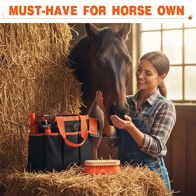 Abbylike 12 Piece Horse Grooming Kit with Organizer Tote Bag Brush Sets for Derby Day Show Horses Professional Tools for Care & Massage(Orange)