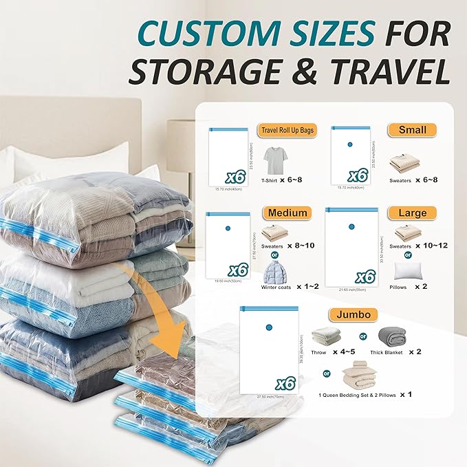Cozy Essential Vacuum Storage Bags, 80% Compression Vacuum Seal Space Saver Plastic Packaging Bags for Clothes, Blankets, Pillow, Bedding, Comforters, Sealer Clothing Storage,30 Combo
