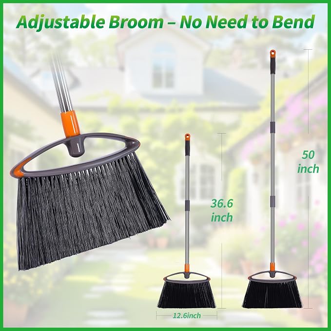 2 Pack Stiff Bristle Broom for Sweeping Indoor, Heavy Duty Broom with Collapsible Handle, Ideal for Indoor Outdoor Hardwood Floors Kitchen Salon Camping Cat Pets Hair Home Room Office, Gray