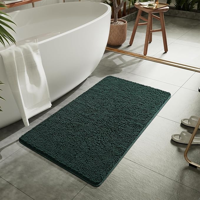 LOCHAS Luxury Bathroom Rug Shaggy Bath Mat 24 x 48 Inch, Hunter Green | Washable Non Slip Bath Rugs for Bathroom Shower, Soft Plush Chenille Absorbent Carpets