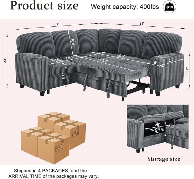 L-Shaped Sectional Sleeper Sofa with Pull Out Bed, Dark Grey | Plush Corduroy Modular Couch with Storage, USB Charging, Cup Holders – Cozy Cloud Couches for Living Room, Easy Assembly