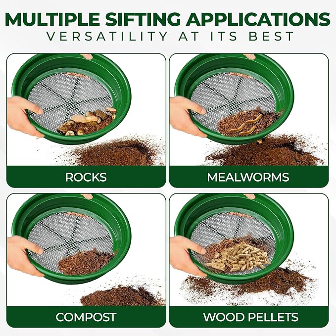 SE 13.25 Inch Wide Stackable Classifier Gold Prospecting Pan Set - Includes 1/2" 1/4" 1/8" 1/12" and 1/20" Stainless Steel Mesh Sifting Pans, Green, 5 Pack