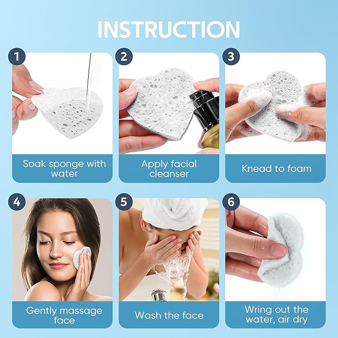 GAINWELL 50-Count Heart Shape Compressed Facial Sponges for Daily Facial Cleansing and Exfoliating, 100％ Natural Cosmetic Spa Sponges for Makeup Remover, White