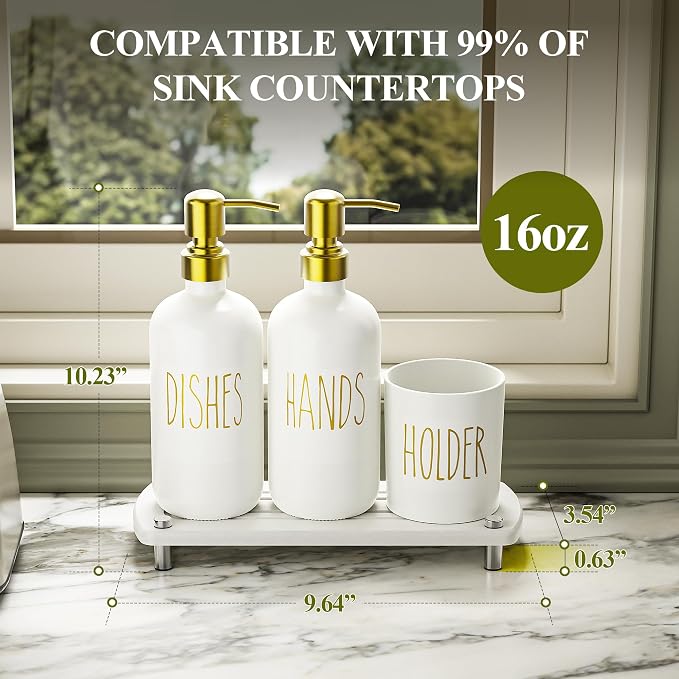 Cisily Kitchen Soap Dispenser Set Comes with Ceramics Sponge Holder, Gold Pumps, and Instant Dry Tray, Hand and Dish Soap Dispenser Set (4, Gold + White + Brush Holder)