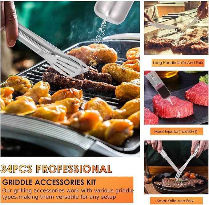 Yoehka BBQ Grilling Accessories Set, 34Pcs Heavy Duty Grill Tools for Outdoor Camping, Grilling Gifts for Men Dad, Stainless Steel Barbecue Utensils Kit with Mats and Glove in Carrying Bag, Brown
