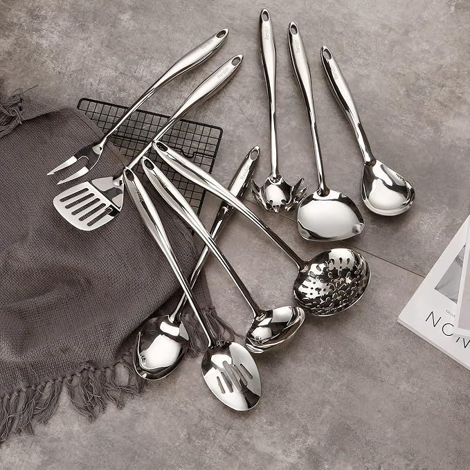304 Stainless Steel Kitchen Utensil Set - 9 PCS Serving Utensils, Cooking Utensil, Solid Spoon, Slotted Spoon, Fork, Spatula, Ladle, Skimmer Spoon, Slotted Spatula Tunner, Spaghetti Spoon, Large Spoon | All Metal Spatula Spoon Set - Turner, Ladle, Skim...