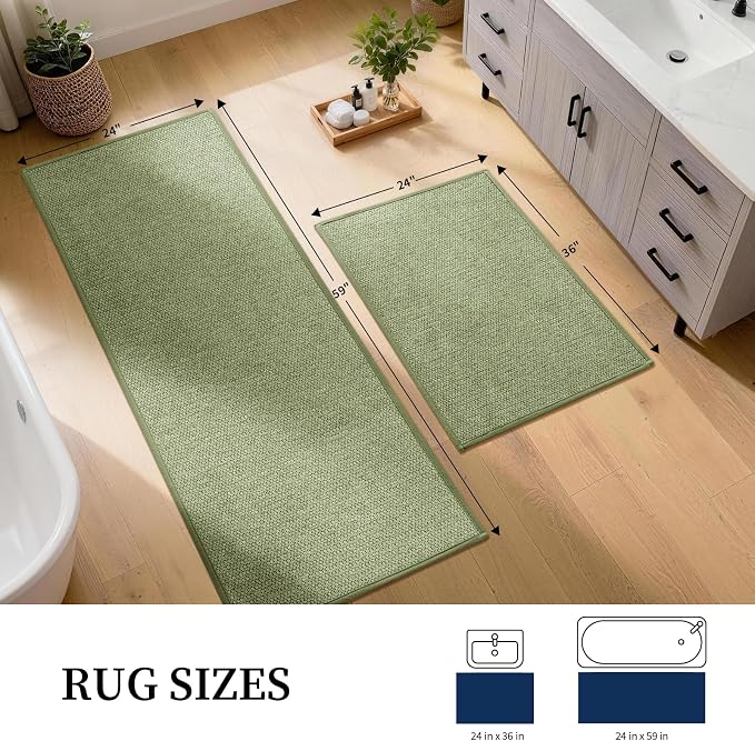 YIHOUSE Long Large Bathroom Rugs Sets 2 Piece, Quick Dry Thin Bath Mat, Non Slip Absorbent Machine Washable, Bath Runner Rug for Tub Sink Home Decor (24"x36" + 24"x59",Green)