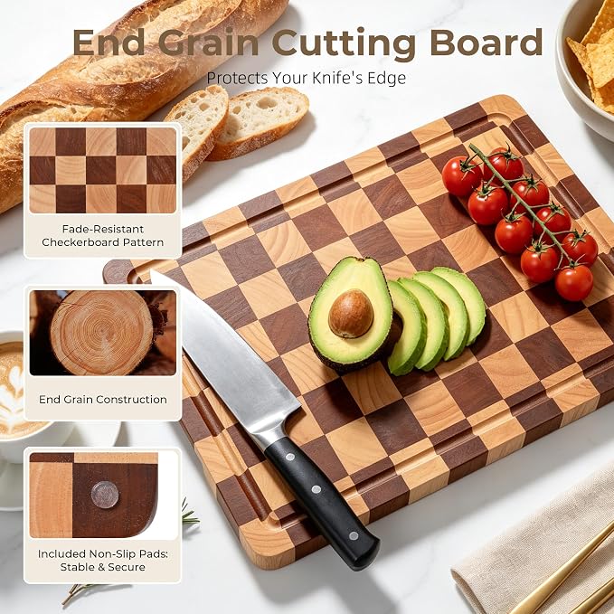 Checkered Cutting Board for Kitchen -Wood Checkerboard Cutting Board | Wooden Checker Chopping Board End Grain Cooking Board with Juice Groove & Handle for Meat, Fruit, Bread, Vegetable