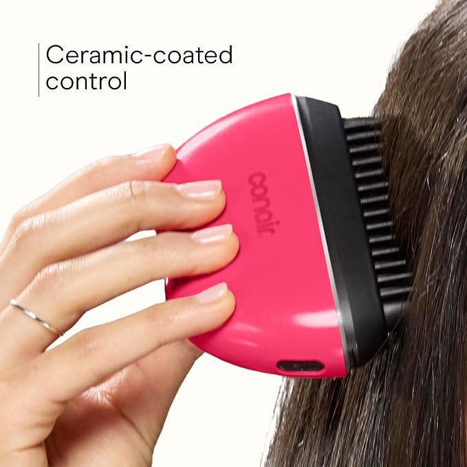 Conair Ceramic Ionic Smoothing Brush, Portable Frizz Control Styling Brush for Shine, 2 Heat Settings up to 360°F, USB-C Rechargeable, Travel-Friendly with Protective Cover, Hot Pink/Black, CR80