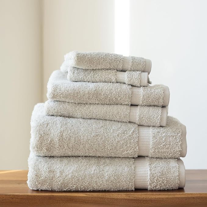 SALBAKOS 100% Turkish Cotton Bathroom Towel Set of 6-Piece, Stone | 630 Gsm Thick Super Soft Highly Absorbent 2 Bath + 2 Hand + 2 Washcloth Towels Sets, Giftable, Hotel Quality, Made in Turkey