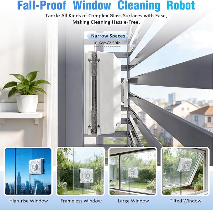 Window Cleaner Robot with 4 Cleaning Modes, 8000Pa Suction Dual Direction Auto-Spray Window Cleaner, Intelligent Path, Edge Detection, Remote Control, 15-Stage Anti-Fall System for Windows