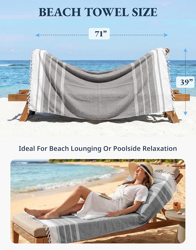 LANE LINEN Beach Towel, 2 Pack Beach Towels Oversized, 39"x71", XL - Ebony | Quick Dry Pool Towels for Adults - Absorbent Sand Free, Vacation Essential - Machine Washable, Travel & Camping, Extra Large