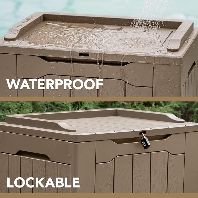 Devoko 30 Gallon Resin Deck Box Outdoor Indoor Waterproof Storage Box for Patio Furniture Pool Accessories Storage for Cushion Garden Tools (30 Gallon, Light Brown)