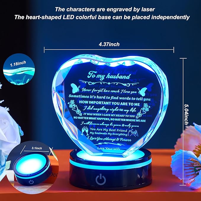 Romantic Crystal Gifts for Husband, I Love You Keepsake with Colorful LED Base, Best Anniversary & Birthday Present for Him,Fathers Day Valentine's Day Christmas Gift Ideas for My Man