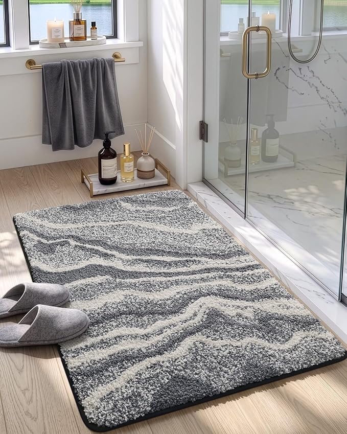 DEXI Bathroom Rug Mat 43x24, Soft and Absorbent Marble Bath Mat, Non Slip Machine Washable Bath Rugs for Shower Floor, Tub, Sink, Dark Grey