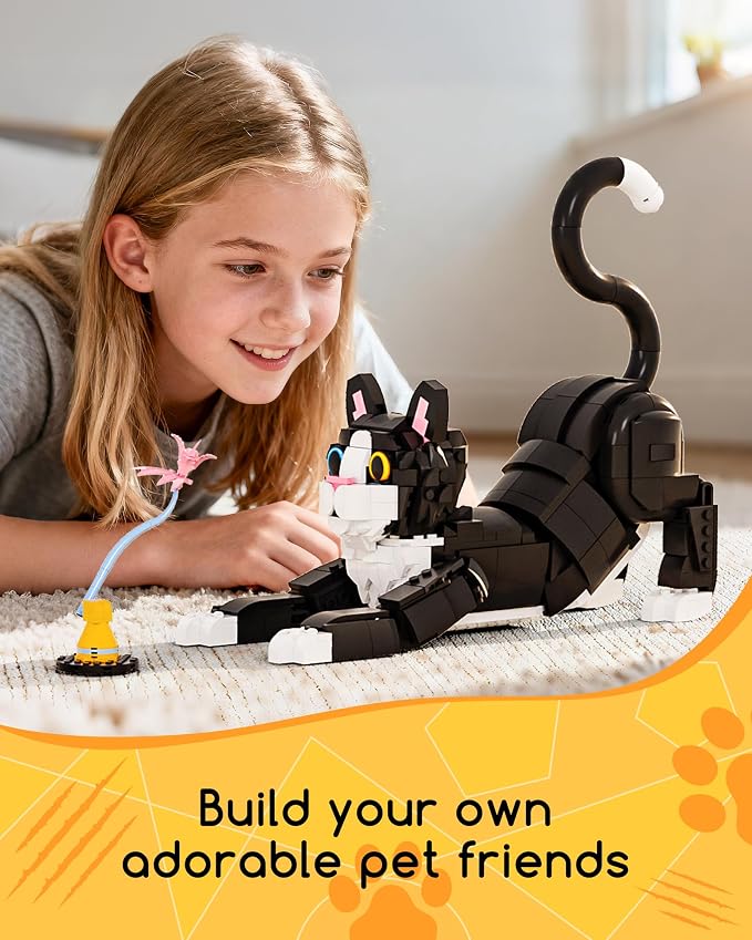 3-in-1 Tuxedo Cat Building Set, Build a Cat, Dog or Rabbit, Creative Building Toy for Kids & Animal Lovers, Birthday Gift for Girls and Boys Ages 8+