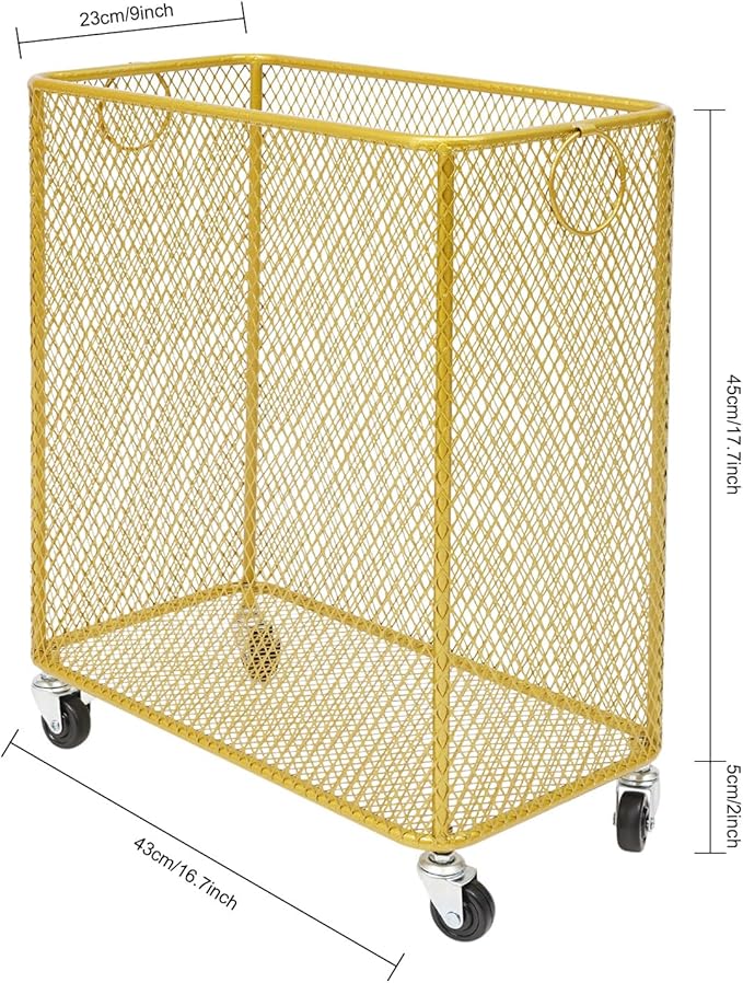 Rolling Laundry Basket Cart, Laundry Hamper with Wheels, Square Metal Mesh Clothes Storage Organizer Hamper with Metal Pull Handle for Laundry Room and Bedroom(Gold, 16.9" x 9" x 17.7")