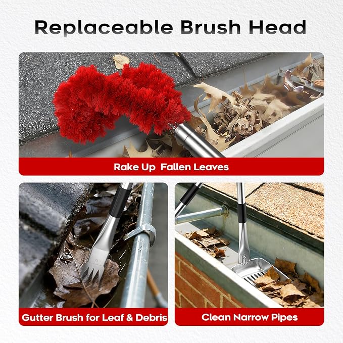 13ft Gutter Cleaning Tools From the Ground, No Ladder Needed, 3-in-1 Gutter Cleaner Pole with Replaceable Brush Rake Scoop, 180° Adjustable Angle for Leaves & Debris Cleaning with Grip Tapes, Red