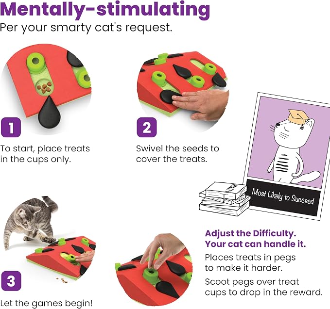 Catstages Nina Ottosson Melon Madness Puzzle & Play Cat Puzzle Feeder – Interactive Treat Game for Indoor Cats, Level 2 Slow Feeder Enrichment Toy, 10.5" x 10.6"