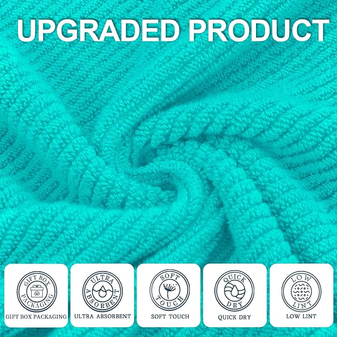 VOOVA & MOVAS Bath Towels 4PC, 100% Cotton, 30x56 in, Turquoise | Quick Dry, Thick, Soft, Absorbent, Luxury Shower Towels With Hanging Loops, Towel Gift Set