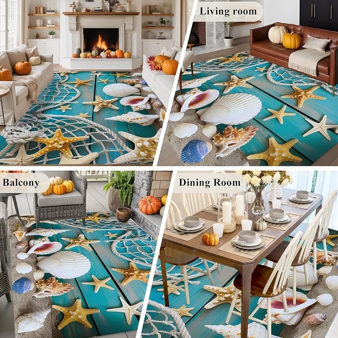 5 x 7 Ft Area Rug for Bedroom, Beach Starfish Indoor Accent Rugs for Living Room, Ocean Conch Fishing Net Blue Wood Grain Decorative Modern Carpet Washable Low Pile Non Slip Rug for Dining Room