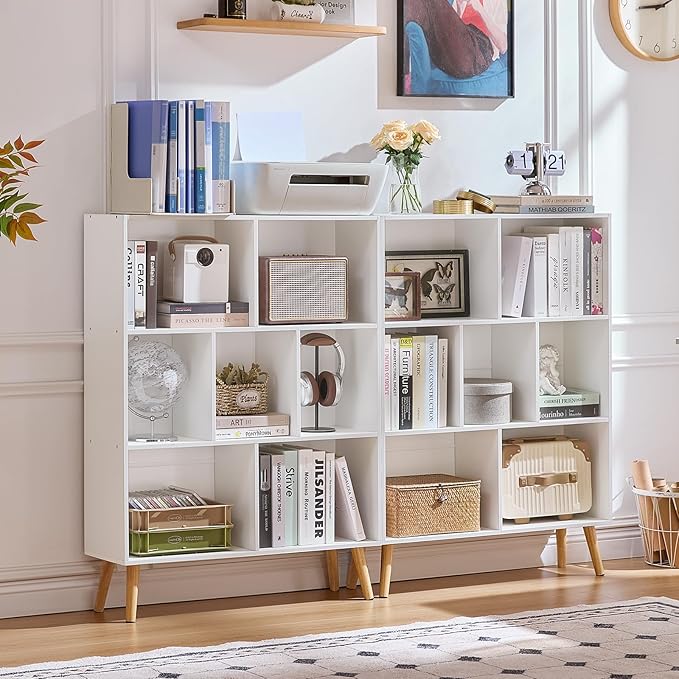 LEYAOYAO Cube Bookshelf, Mid-Century Modern Book Shelf with Legs, White | 3 Tier Bookcase, Rustic Wood Bookshelves Freestanding Small Storage Organizer, Open Shelves for Bedroom, Living Room, Office