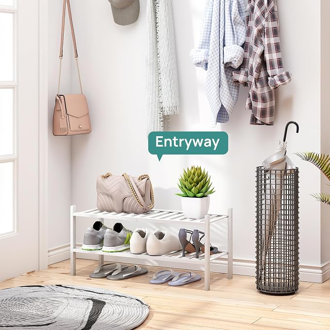 viewcare White Shoe Rack for Entryway, 2 Tier Shoe Organizer for Hallway Closet, Bamboo Wood Shoe Racks for Indoor Outdoor (White, 2-Tier)