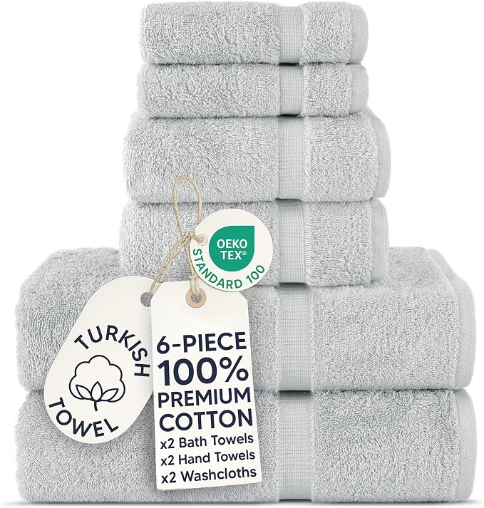 Chakir Turkish Linens 6 Piece Towels Set, 100% Cotton Luxury Turkish Towels for Bathroom, Soft Absorbent Bath Towel Set with 2 Bath Towels 2 Hand Towels 2 Washcloths, Silver Gray