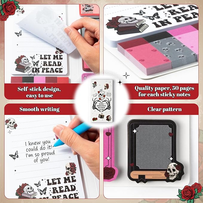 Xqumoi Let Me Read in Peace Dark Romance Sticky Notes Set - 550 Sheets Rose Skull Self-Stick Note Pads Dark Romance Book Lovers Gift Divider Tabs Bundle Writing Memo Pad for Teens Adults