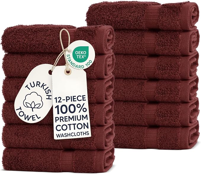 Chakir Turkish Linens 12 Piece Washcloth Set, 100% Cotton Luxury Turkish Washcloths for Bathroom, Soft Absorbent Washcloths, 13 x 13 Inches, Cranberry