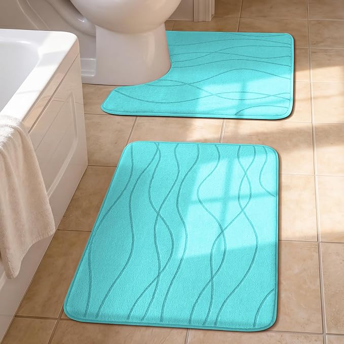 YIHOUSE Bathroom Rugs Set 2 Piece, Memory Foam Bath Mat Teal | U Shaped+Small Mat, Ultra Soft, Absorbent, Non-Slip, Machine Washable, for Bathroom, Sink and Toilet
