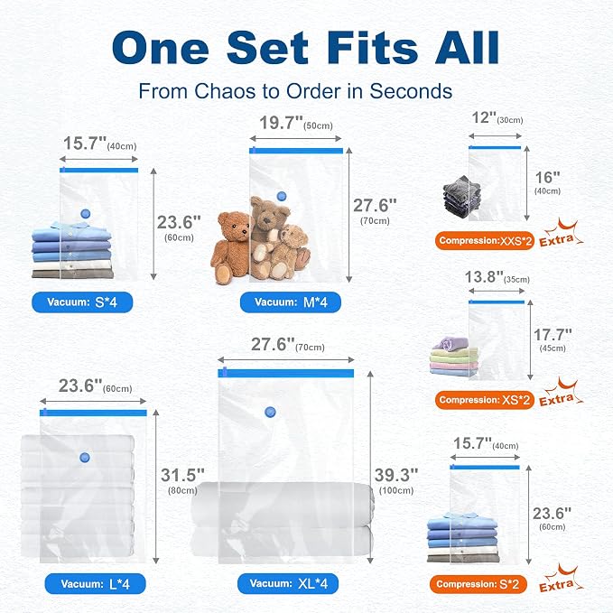 HOUSE DAY 22 Pack Vacuum Storage Bags with Pump,Space Saving Vacuum Seal Bags For Clothing Travel,4 Jumbo/4 Large/4 Medium/4 Small, 2S/2XS/2XXS Roll Up Bags, Hand Pump Included, Sealer Clothes Storage
