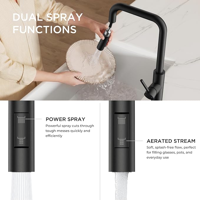 FORIOUS Kitchen Faucet with Pull Down Sprayer, Matte Black Single Handle U-Spout Stainless Steel Kitchen Sink Faucet, 1 or 3 Hole Deck Mount for RV, Bar, Farmhouse, Laundry, Outdoor