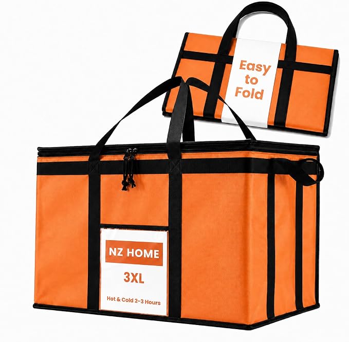Insulated Food Bag, Portable Cooler Tote (3XL, Orange, 1 Pack) | Large thermal bag, For cold & hot food, Soft sided cooler, Heavy duty carrier, Grocery shopping, Food delivery, Catering bag